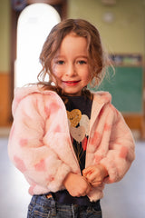Hooded Full Zip Faux Fur Jacket Pink Printed With Hearts-2