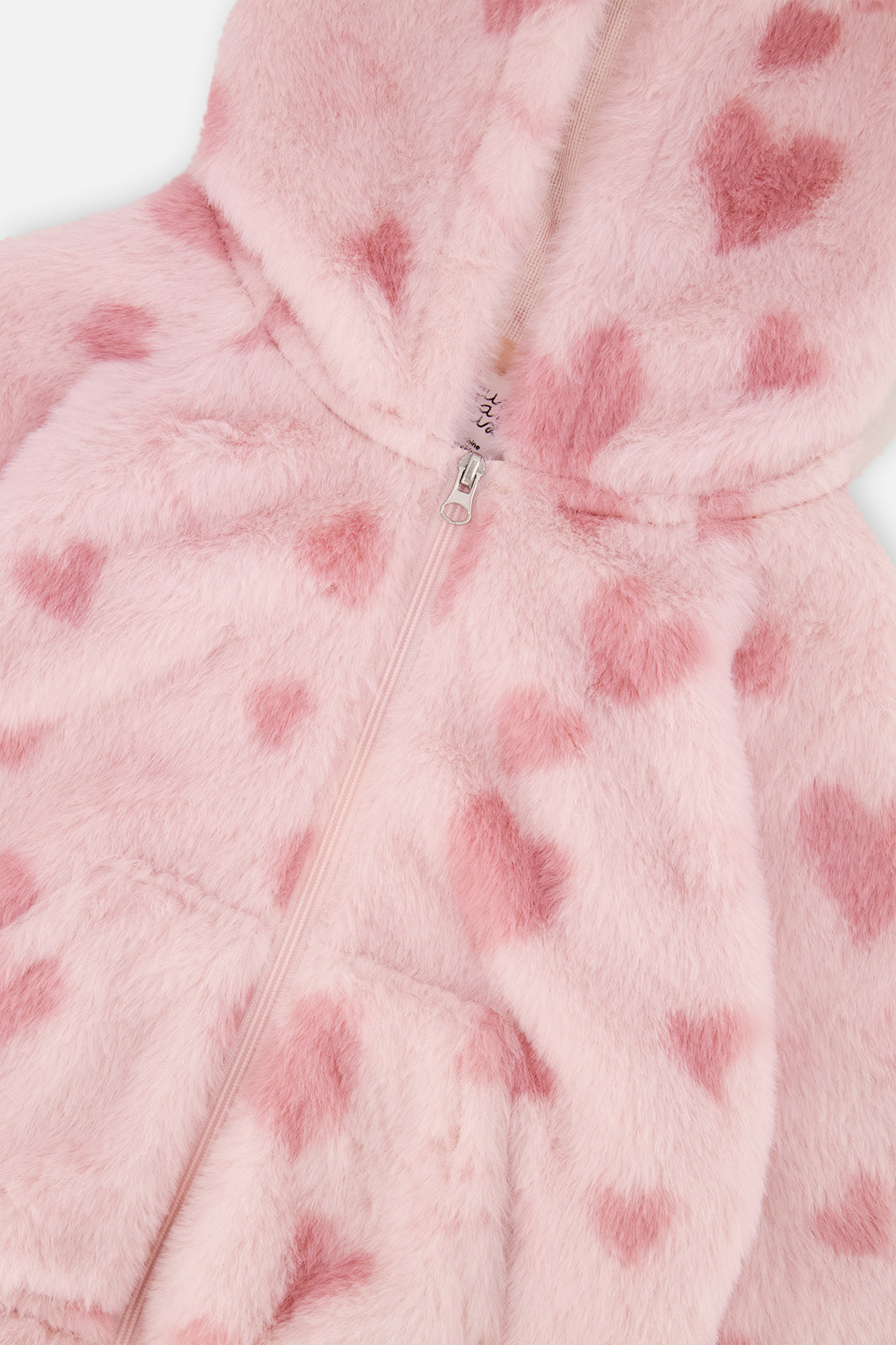 Deux par Deux Hooded Full Zip Faux Fur Jacket Pink Printed With Hearts