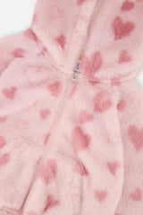 Deux par Deux Hooded Full Zip Faux Fur Jacket Pink Printed With Hearts