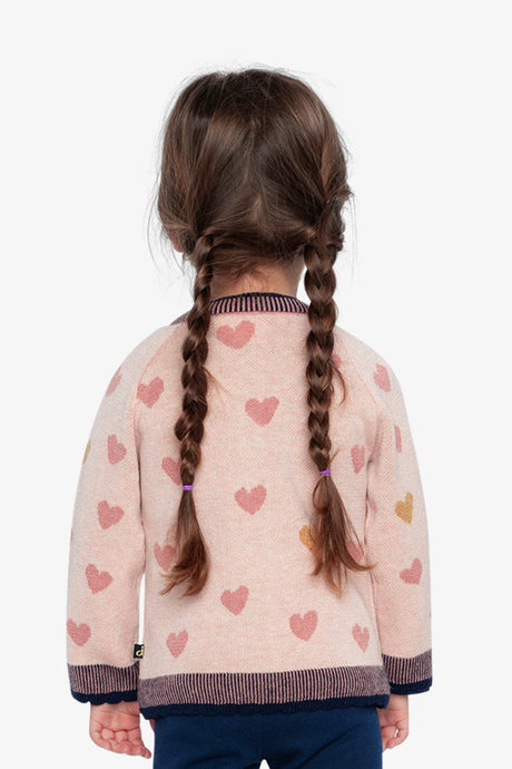 Child wearing Deux par Deux pale dusty pink and navy heart cardigan, lookbook view 3
