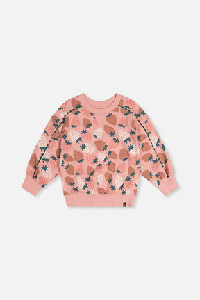 Deux par Deux dusty pink strawberry print sweatshirt, flat front view