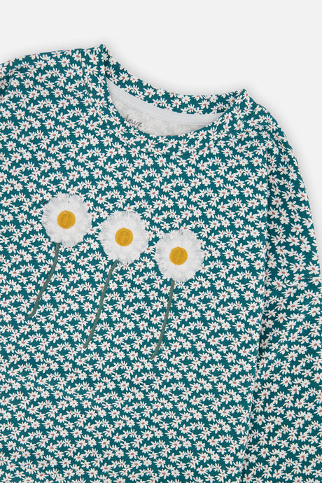 Deux par Deux Printed Jersey Long Sleeve T-Shirt Green Floral Print