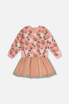 Deux par Deux pink strawberry print bi-material dress with sparkle mesh skirt, front view