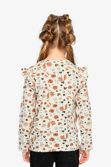 Long Sleeve Organic Cotton T-Shirt Beige With Squirrel Print-3