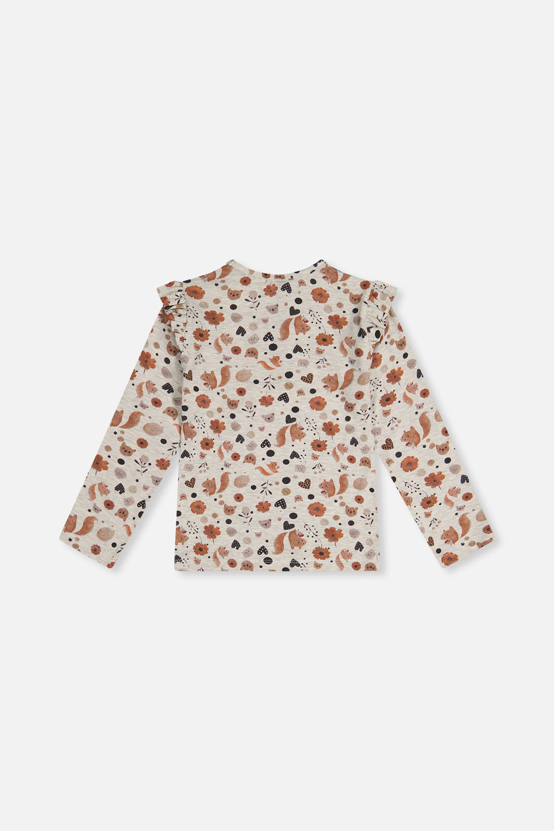 Deux par Deux girls long sleeve organic cotton tee, beige squirrel print, back view