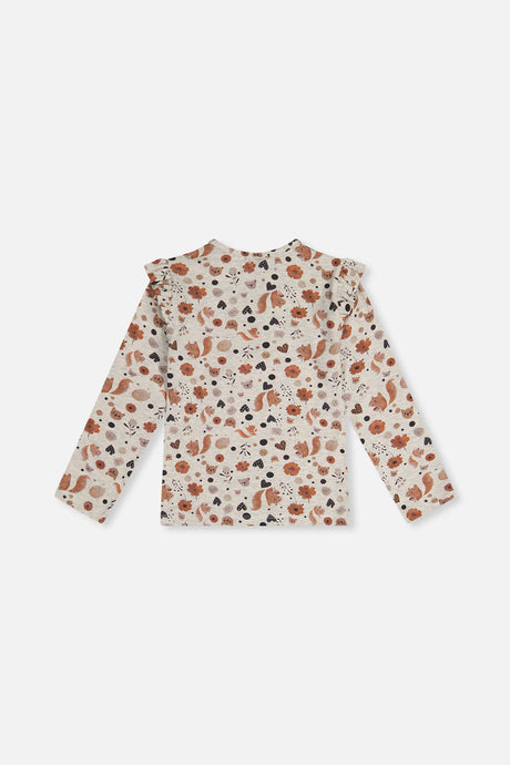 Deux par Deux girls long sleeve organic cotton tee, beige squirrel print, back view