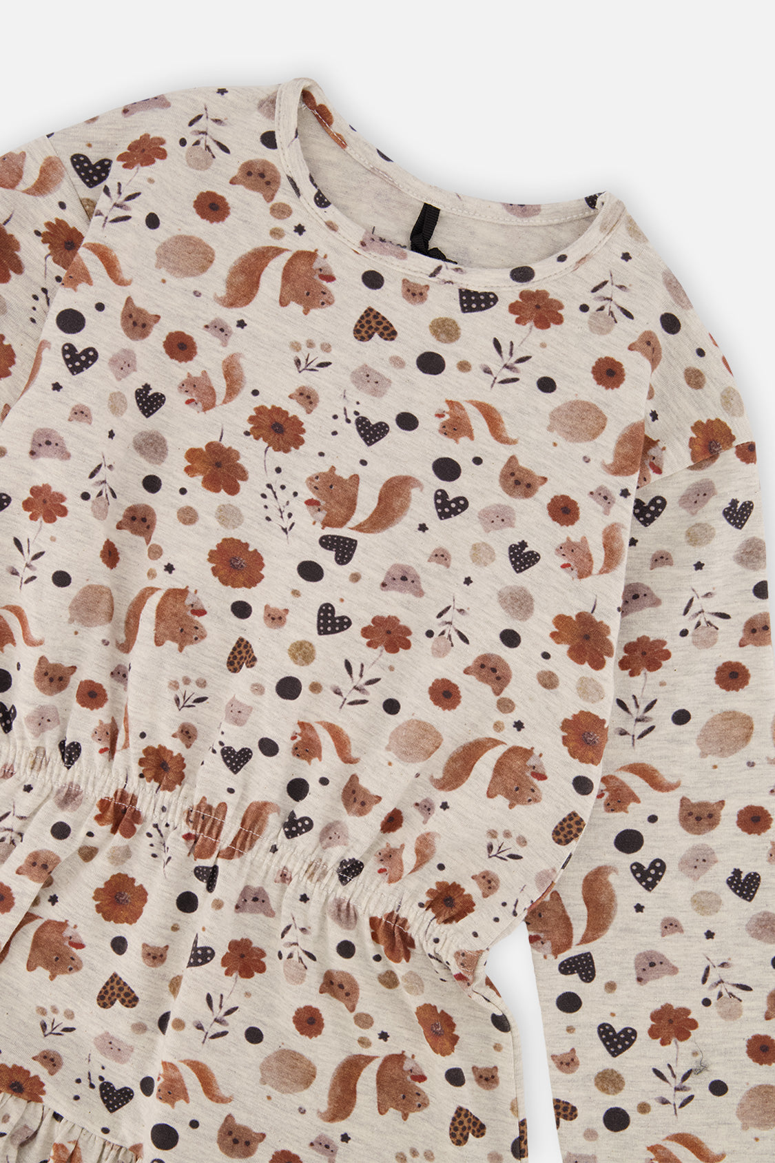 Deux par Deux girls organic cotton dress, beige squirrel print, alternate view