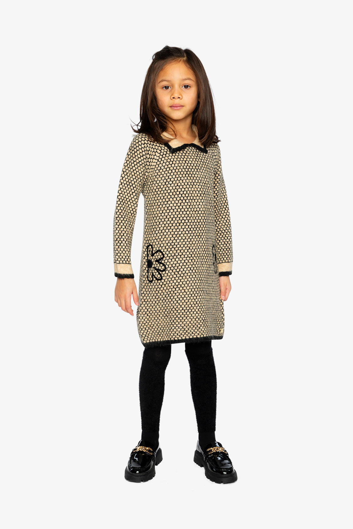 Knit Dress With Collar Beige And Black-1