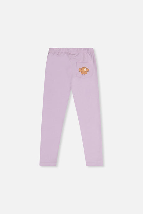 Deux par Deux girls' lavender organic cotton leggings with poodle-face pocket, back view