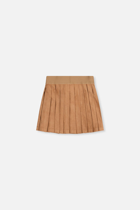 Brown knife-pleated suede skirt for girls by Deux par Deux, back view