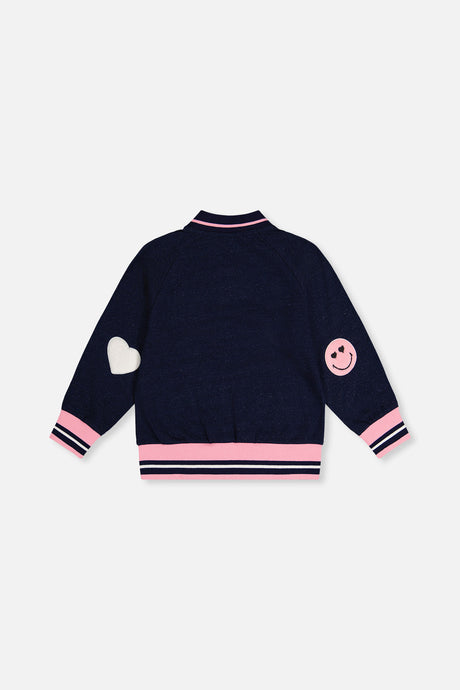 Deux par Deux girls' French terry bomber jacket in navy blue denim, back view