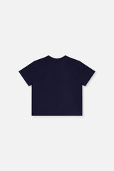 Deux par Deux girls' dark blue jersey T-shirt with holographic heart – back view