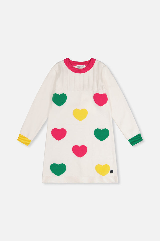 Knitted Dress With Heart Jacquard Off-White, Green And Pink-0