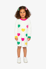 Knitted Dress With Heart Jacquard Off-White, Green And Pink-1