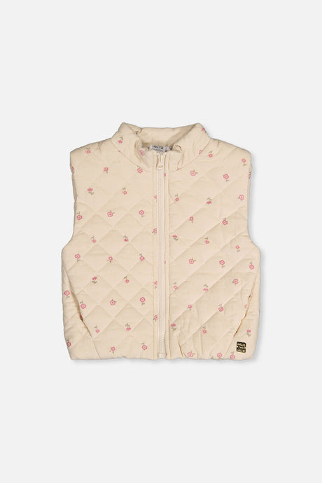 Corduroy Puffy Vest Beige Floral Print-0
