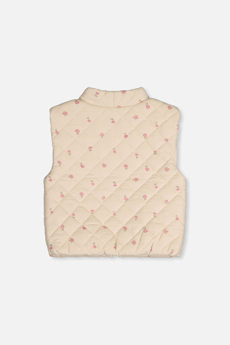 Corduroy Puffy Vest Beige Floral Print-3