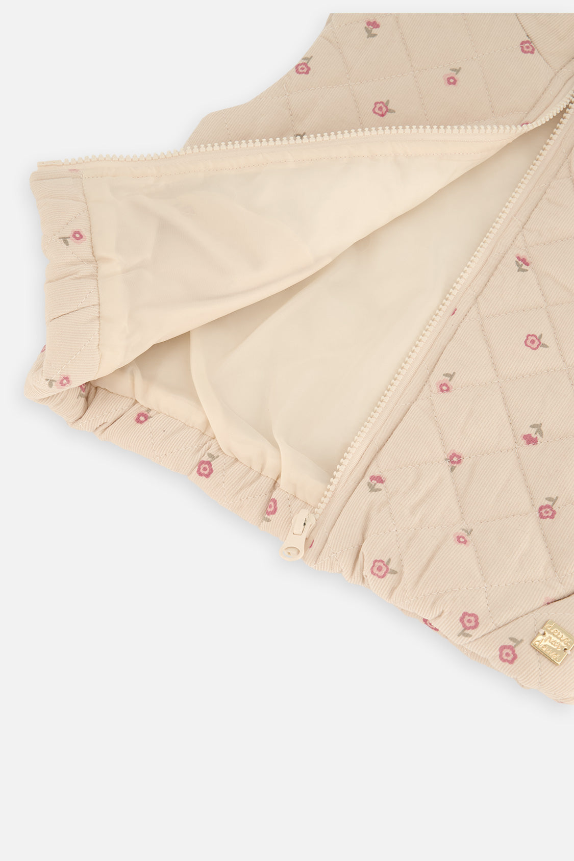 Another view of the Deux par Deux beige floral corduroy puffy vest