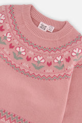 Deux par Deux Sweater With Flower Jacquard Pale Dusty Pink