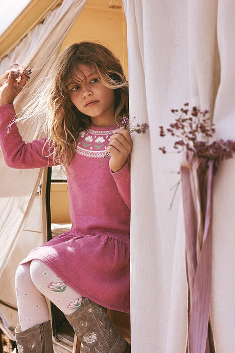 Deux par Deux Knitted Dress With Flower Jacquard Raspberry Pink