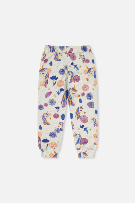 Deux par Deux beige unicorn print sweatpants, back view