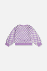 Deux par Deux lilac and white checkered faux fur top, flat lay back view