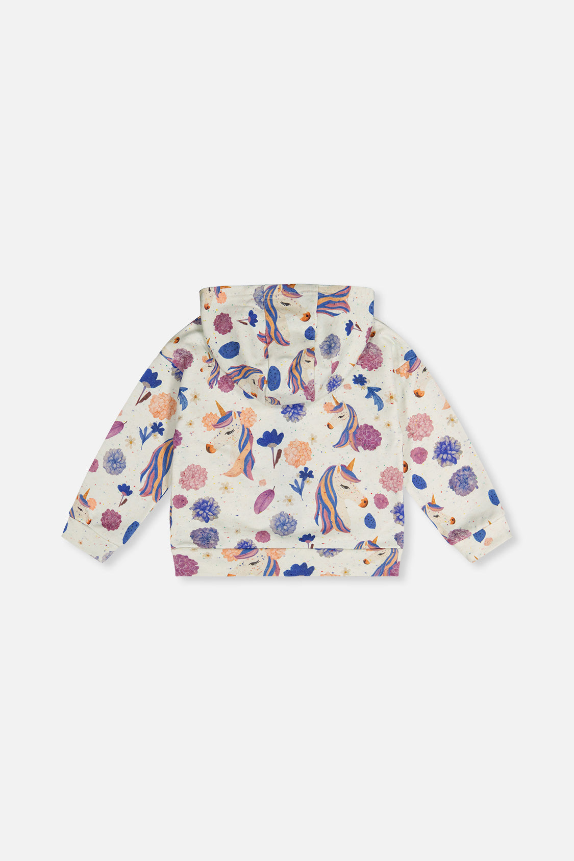 Deux par Deux Hooded Zipped French Terry Cardigan Beige Unicorn Print
