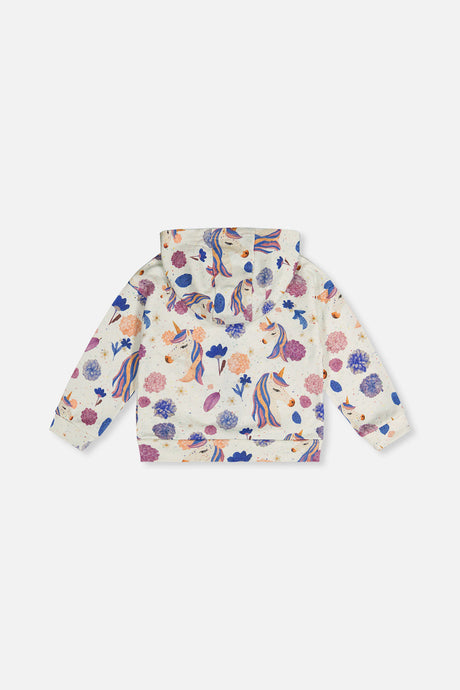 Deux par Deux beige unicorn print hooded zip cardigan, back view