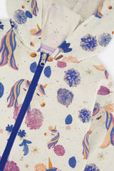 Deux par Deux Hooded Zipped French Terry Cardigan Beige Unicorn Print
