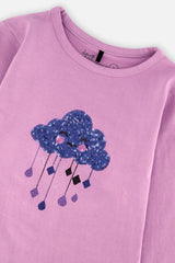 Deux par Deux girls violet long sleeve tee with sequin cloud and stars, alternate view