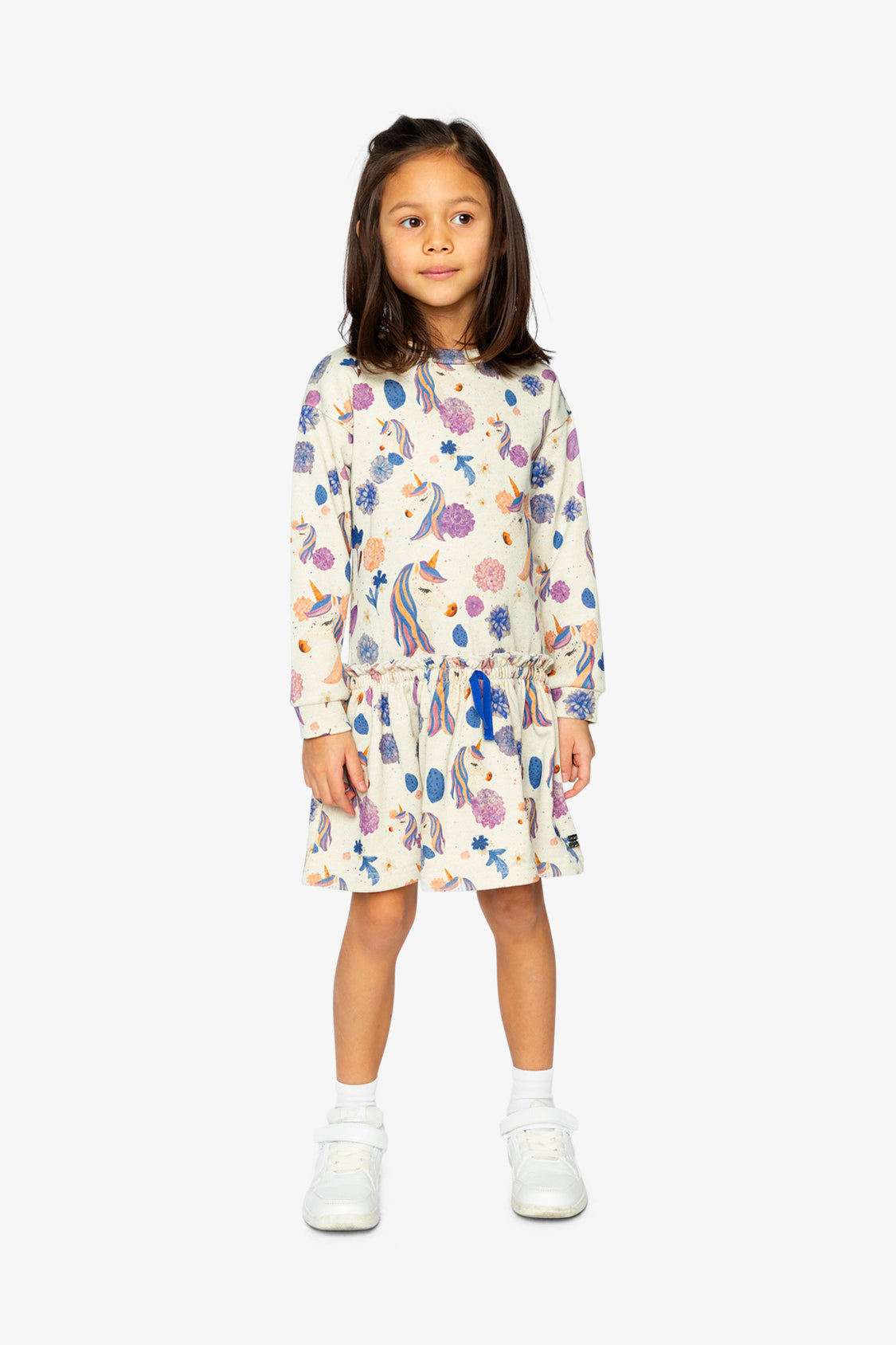 French Terry Dress Beige Unicorn Print-2