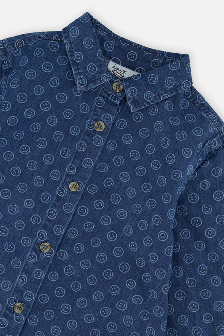 Deux par Deux Chambray Shirt Blue Smiley Print