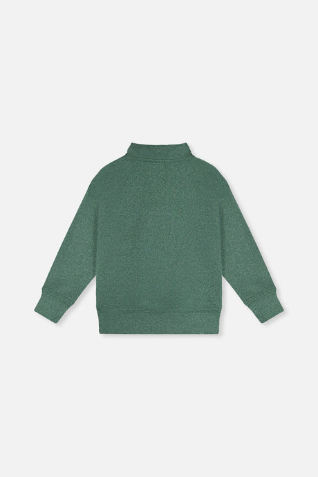 Back of the dark green half-zip pullover laid flat with ribbed cuffs and hem