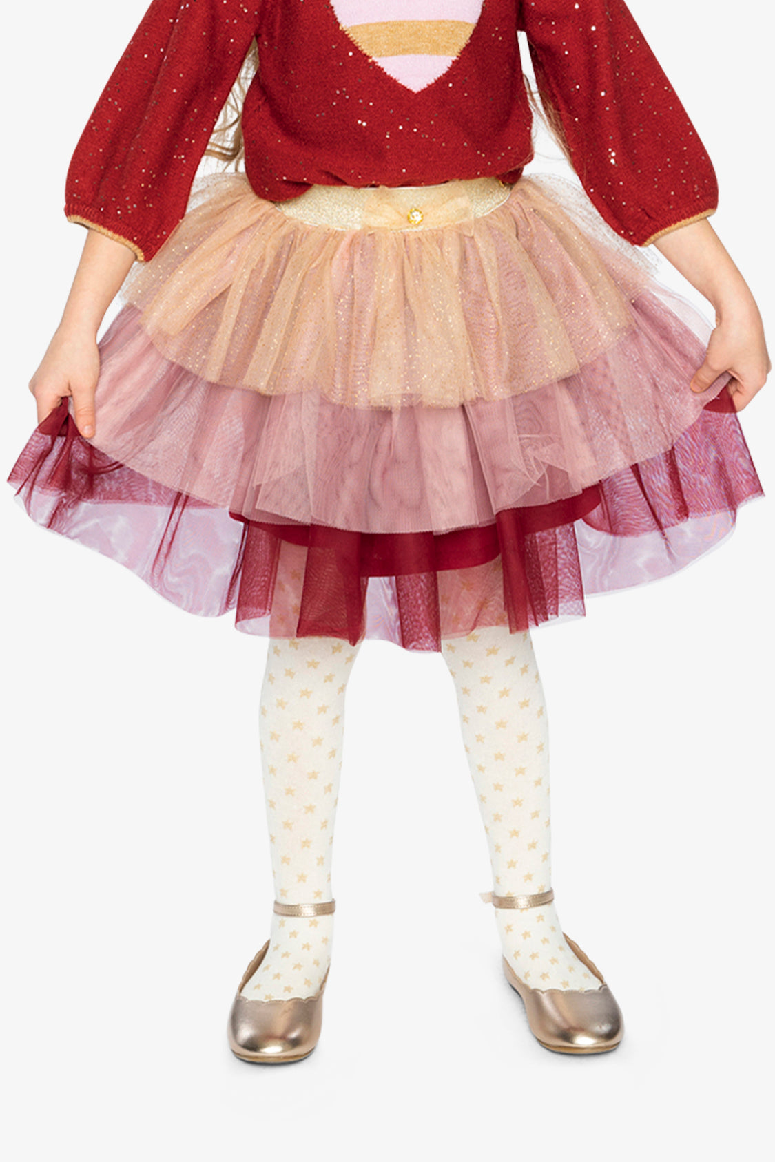 Multi Layer Glittering Mesh Skirt Red, Pink And Beige-1
