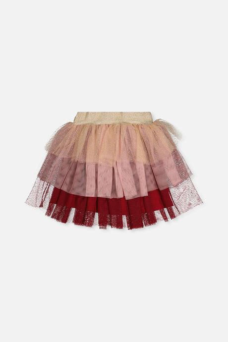 Deux par Deux girls' red, pink and beige glittering mesh skirt, back view