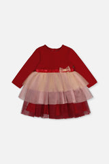 Bi-Material Dress With Glittering Skirt Red-0