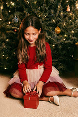 Bi-Material Dress With Glittering Skirt Red-1