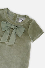 Deux par Deux Short Sleeve A Line Dress With Bow Greyish Green
