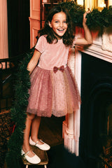 Bi-Material Dress With Gradient Print Skirt Pink-1