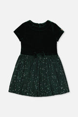 Bi-Material Short Sleeve Dress With Glittering Skirt Green Forest-0