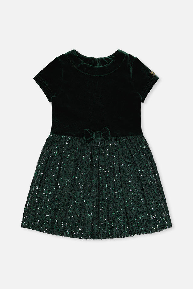 Bi-Material Short Sleeve Dress With Glittering Skirt Green Forest-0