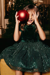 Bi-Material Short Sleeve Dress With Glittering Skirt Green Forest-1