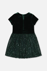 Deux par Deux girls Green Forest velvet dress with glittering mesh skirt, back view