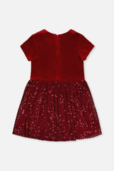 Bi-Material Short Sleeve Dress With Glittering Skirt Red-4