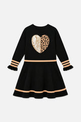 Deux par Deux girls' black and beige colorblock knit dress with pleated skirt, front view