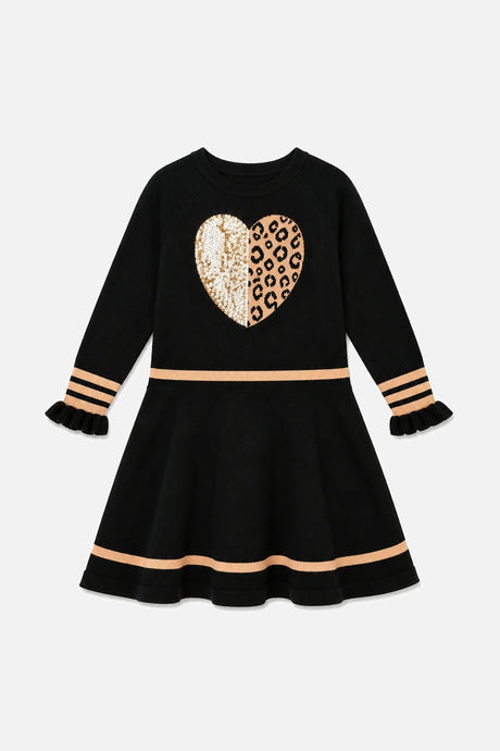 Deux par Deux girls' black and beige colorblock knit dress with pleated skirt, front view