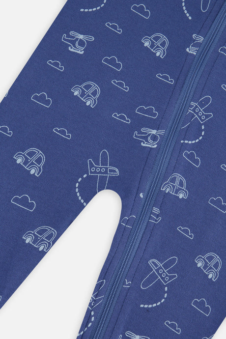 Baby Organic Cotton One Piece Pajama Blue Transport Print-2