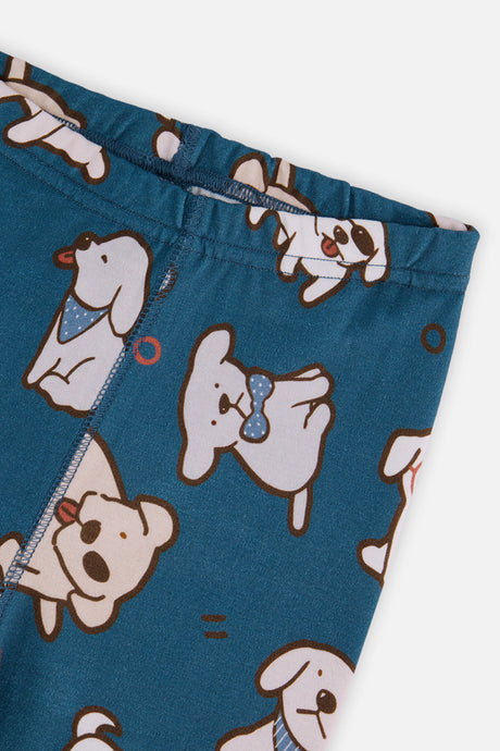 Another close-up detail of the Deux par Deux turquoise dog print organic cotton pajama set