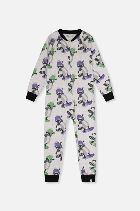 Baby Organic Cotton One Piece Pajama Beige Raccoon Print-0