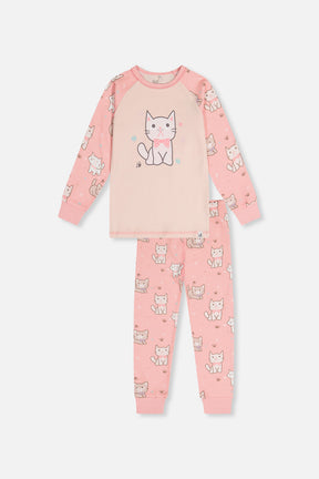 Organic Cotton Two Piece Pajama Set Pink Cat Print-0