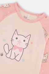 Close-up detail of the pink cat print organic cotton pajama set by Deux par Deux